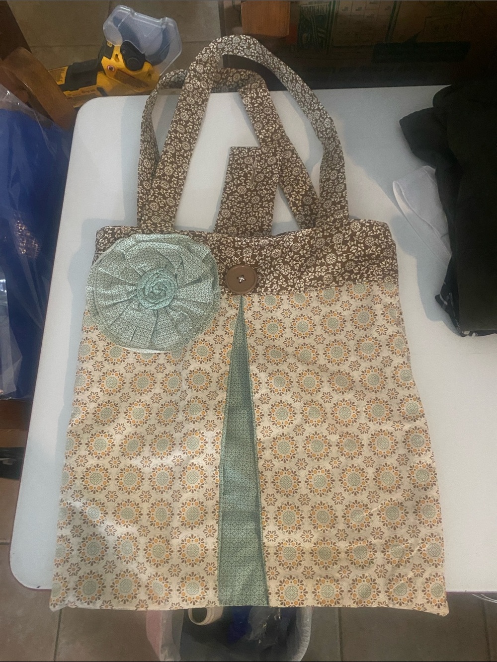 Quilted Floral Tote with Decorative Rosette in Sage and Beige